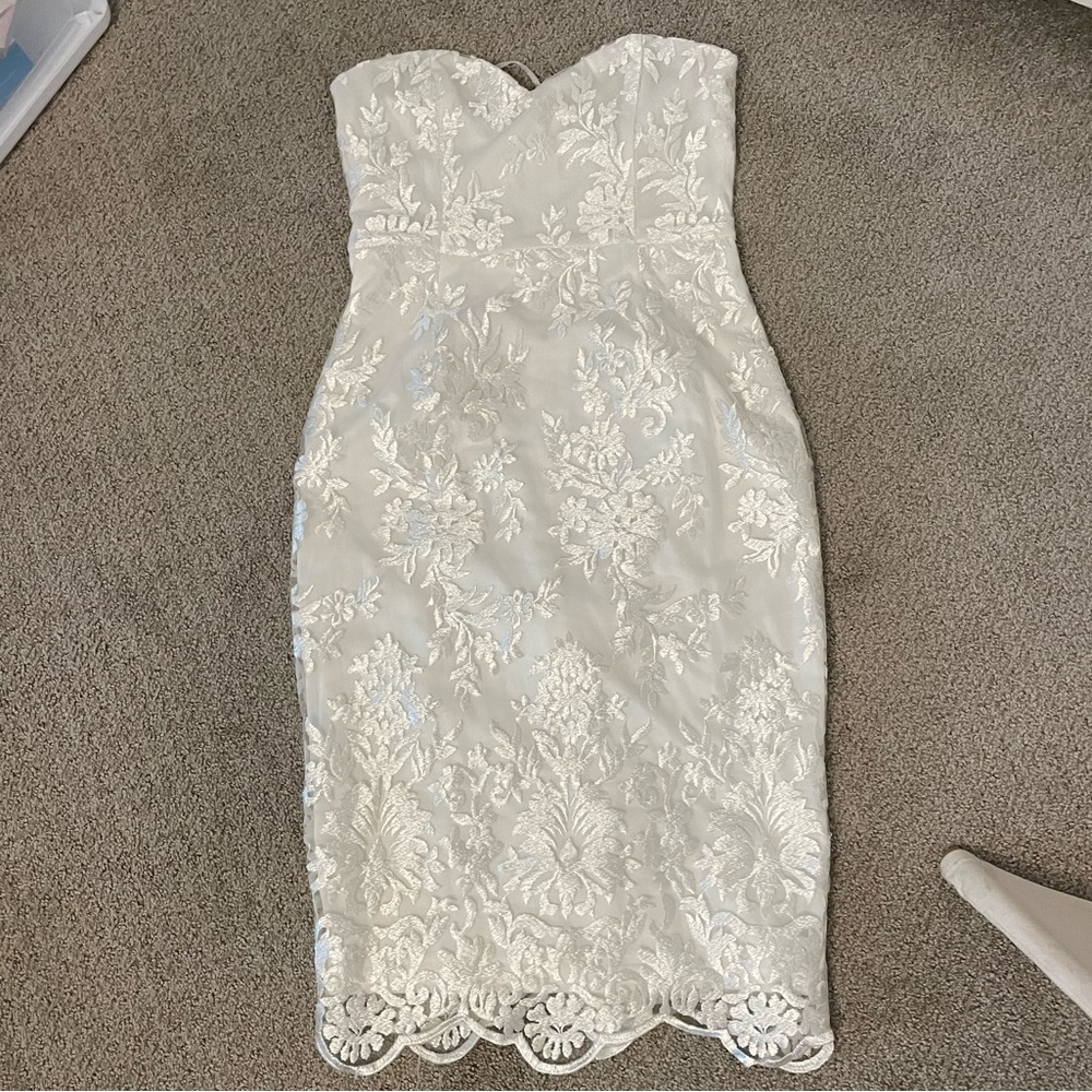 White lace strapless midi dress